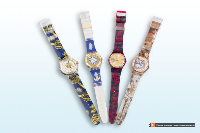 Swatch Collectors' items, grouped on gradient background